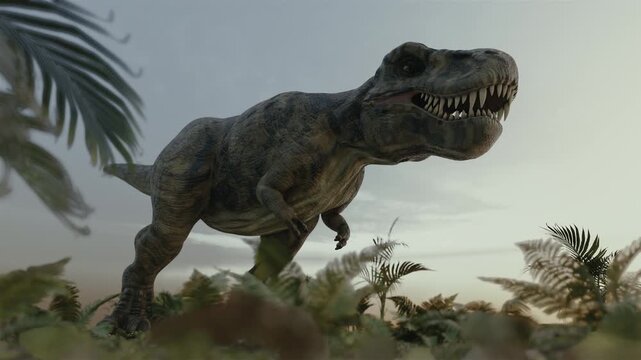 3d animation of  Tyrannosaurus Rex roaring with open mouth in prehistoric jungle environment. Giant carnivore dinosaur hunting among wild ferns and ancient flora in cretaceous background