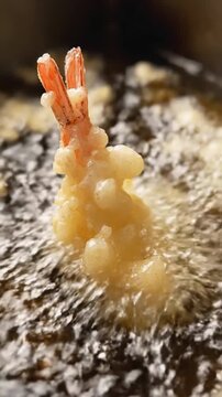 Tempura shrimp hitting hot oil with light lacy batter expanding into a pale golden color