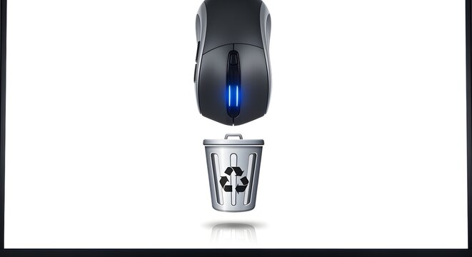 PC mouse hovering over a trash can icon on a pure white screen.