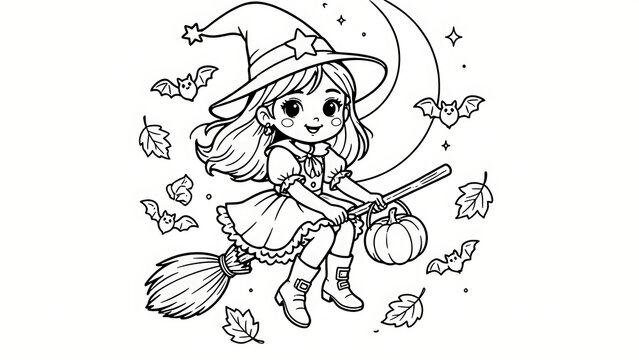 A cheerful cute witch girl holding a pumpkin rides her flying broomstick through falling autumn leaves, created with generative ai.
