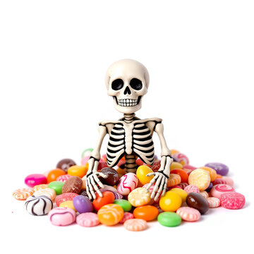 Upper skeleton torso emerging from a vibrant pile of mixed assorted candies on a white background