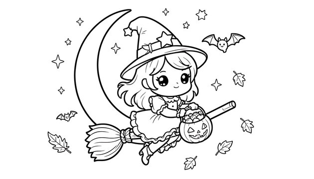 A sweet little witch riding a broomstick carries a jack-o-lantern basket across a starry night sky, created with generative ai.
