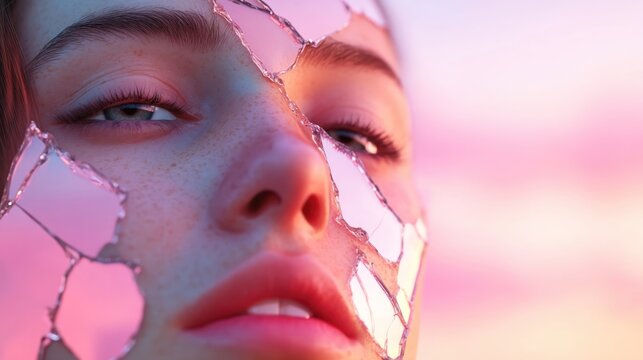 Close up portrait of a woman with abstract shattered effect on face.