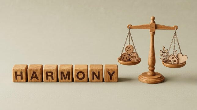 Harmony conceptual word spelled out on wooden blocks beside a balancing scale with symbolic shapes representing life and home stability
