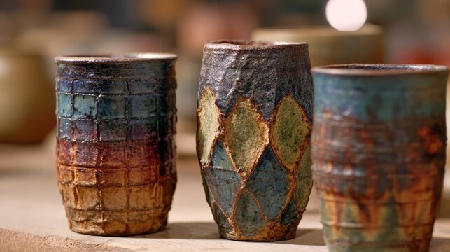 Unique Handmade Ceramic Cups with Colorful Glazes and Textures