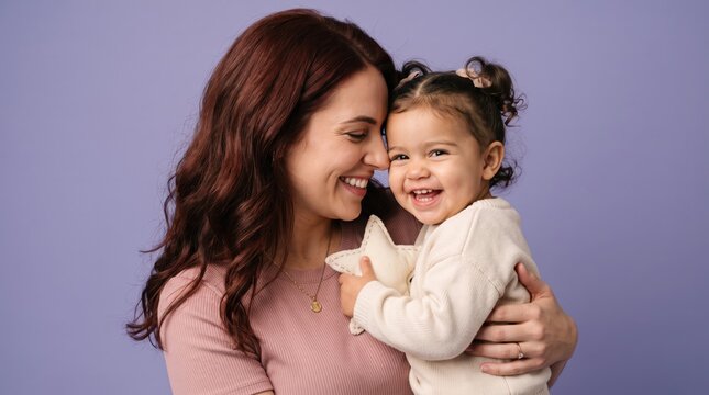 Smiling mother holding her joyful toddler daughter while they share an intimate loving moment against a soft purple studio background