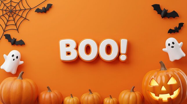 Fun halloween spooky ghosts, bats, jack-o-lanterns and pumpkins with boo text on orange background