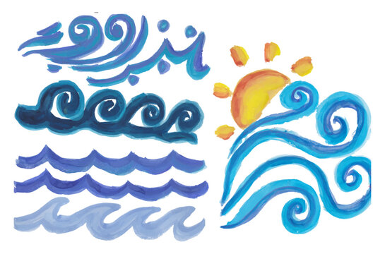 Weather and Sea Elements Set Hand Drawn Watercolor