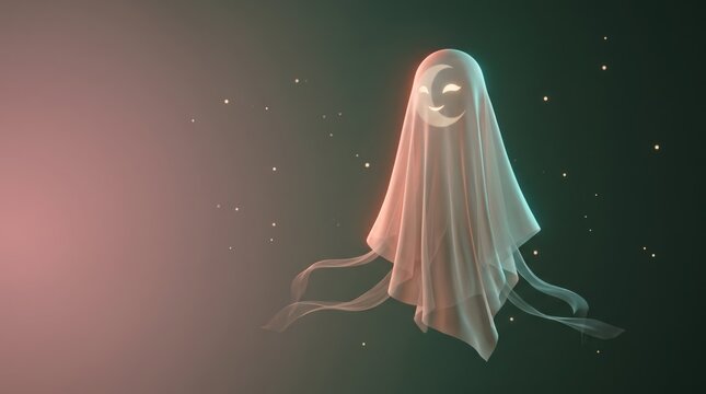 A spooky ghost with a smiley face floating in a starry night
