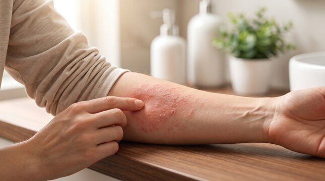 person with red itchy skin on arm scratching eczema