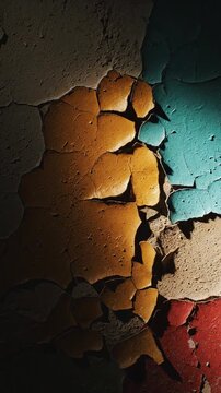 Textured wall with peeling yellow and red paint layers under changing dramatic light and shadows