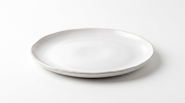 Minimalist white ceramic plate, handmade stoneware dinnerware for food styling. Rustic porcelain dish with organic edges for restaurant menu. isolated on White Background