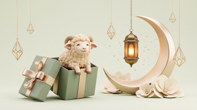 Eid Mubarak festive illustration with sheep in gift box and crescent moon