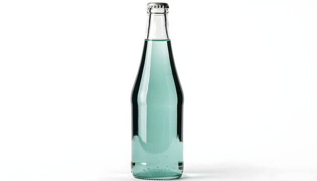 Empty clear glass bottle with mint green liquid isolated on white background for product display