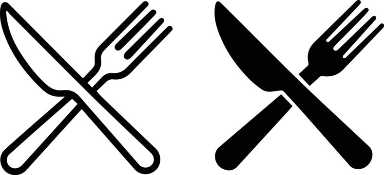 Black and white crossed fork and knife dining icon set