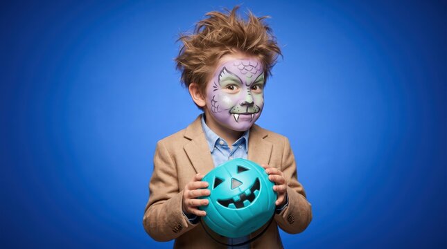 Little boy in monster makeup holding a jack-o-lantern bucket