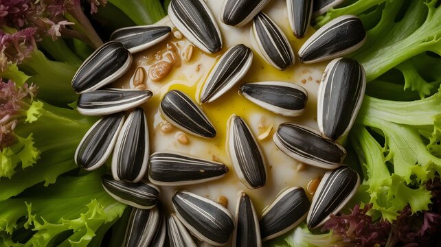 Sunflower seeds scattered over fresh green salad leaves with golden olive oil dressing macro top view