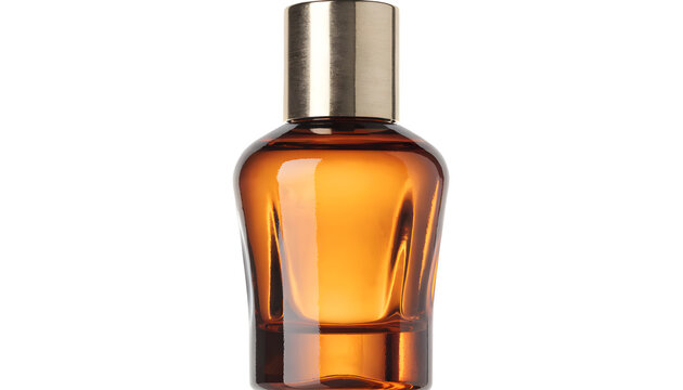Amber glass perfume bottle with golden liquid isolated on white background for luxury beauty branding