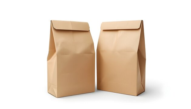 Two empty kraft paper mailer envelopes standing upright on white background for shipping packaging design