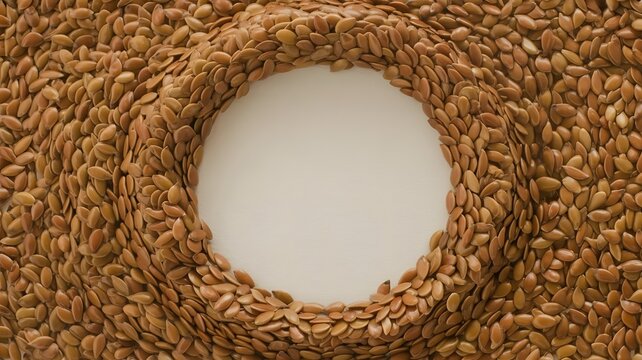 Golden flax seeds arranged in a perfect circular border on a clean smooth white surface