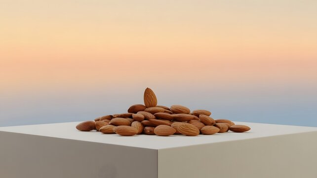 Pile of fresh organic almonds resting on a clean white pedestal with soft gradient sunset background