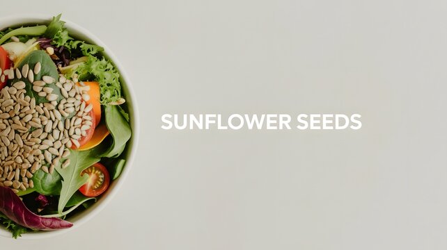 Fresh green garden salad topped with crunchy sunflower seeds served in a white ceramic bowl