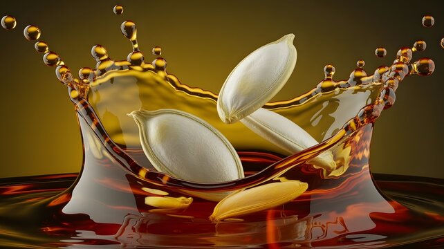 Pumpkin seeds splashing into dark organic golden oil creating a dynamic and professional food photography composition
