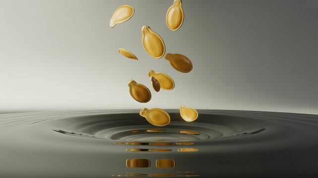 Raw pumpkin seeds falling into dark liquid creating elegant ripples in bright high key studio lighting