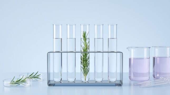 Botanical laboratory setup with rosemary plant in test tubes