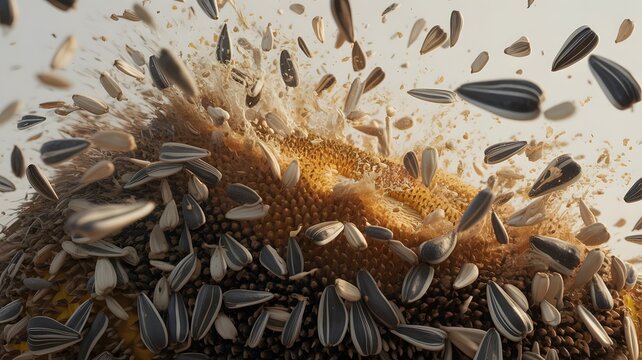 Sunflower seeds exploding from a ripe flower head captured in high speed macro photography detail style
