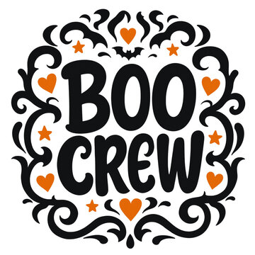 Boo crew halloween decorative ornate badge vector design with hearts and bats halloween illustration seasonal celebration template decoration greeting invitation
