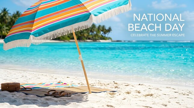 National beach day scene with striped umbrella and bag on tropical coast