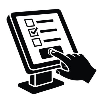 Digital voting terminal screen with electronic ballot hand touching display icon vector art.