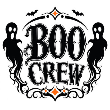 Boo crew halloween vintage style design with ghosts bats and decorative border elements halloween celebration illustration silhouette decoration seasonal greeting