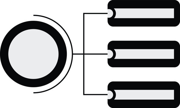 Black and white flowchart diagram vector illustration. This organizational chart features a circle connecting to three nodes. Use this infographic element for business structures.