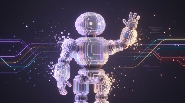 Glowing transparent robot waving in futuristic digital environment with neon lines