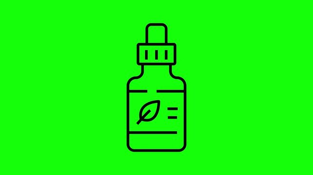 Animated line icon of an essential oil dropper bottle featuring a leaf symbol on a bright green chroma key background.