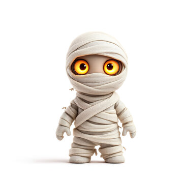 Adorable cartoon mummy character wrapped in bandages with bright glowing yellow eyes on white background