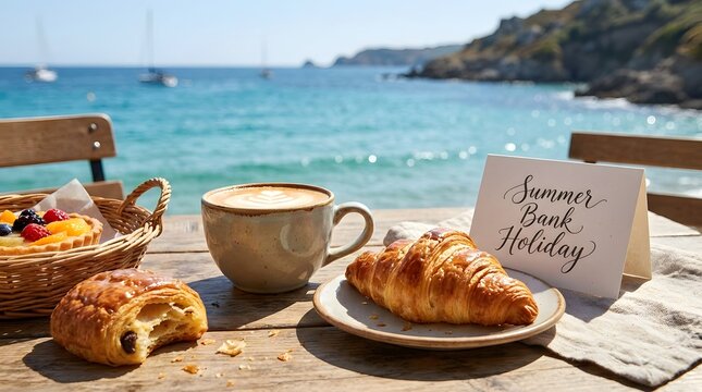 Summer holiday vacation concept with coffee and pastries on beach terrace