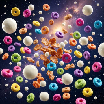 Colorful cereal loops, cornflakes, and milk spheres floating in outer space, cosmic breakfast galaxy concept