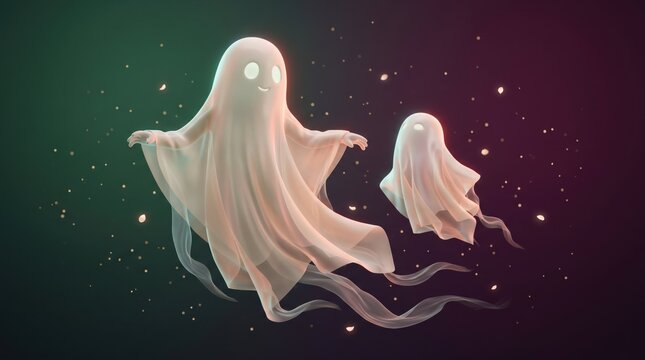 Whimsical ghostly figures floating in space with sparkling background