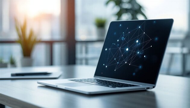 Laptop displaying a network of connected nodes and lines modern workspace