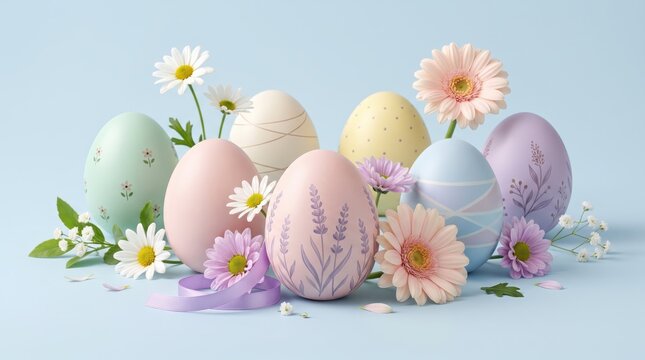 Easter eggs with spring flowers on a pastel blue background
