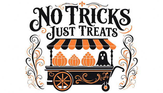No tricks just treats halloween vector card design with a pumpkin cart and cheerful ghost motif halloween pumpkins seasonal typography illustration celebration silhouette ornament