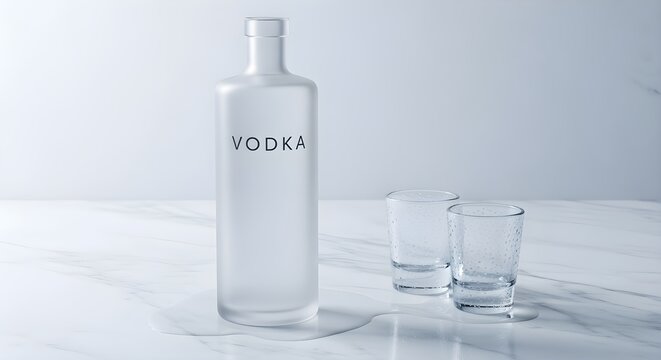 A modern, frosted glass vodka bottle and two chilled shot glasses on a white marble surface.