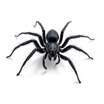Dark moody black spider with long hairy legs isolated on a clean white background for halloween