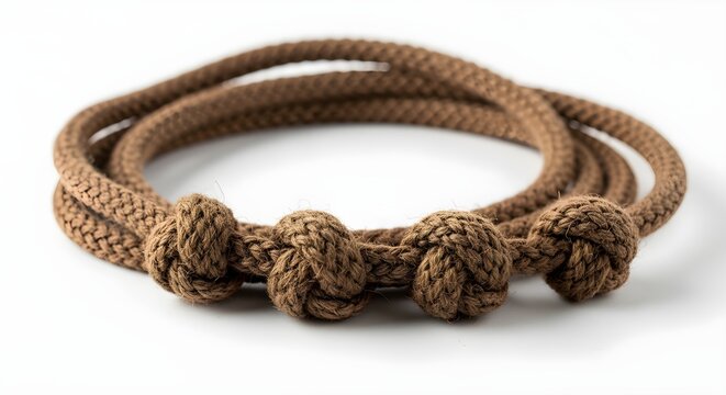A simple, brown rope Franciscan cord with three knots, on a white background.