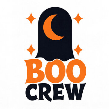 Boo crew halloween badge design featuring ghost silhouette and orange crescent moon halloween silhouette crescent typography illustration celebration template