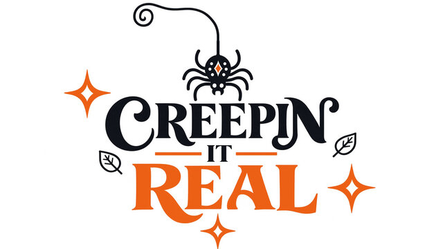 Creepin it real halloween typography design featuring cute hanging spider and stars halloween typography seasonal illustration celebration decoration