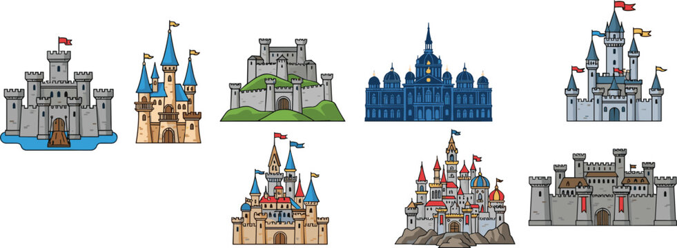 Medieval castle and fairytale palace set fortress tower building architecture vector isolated graphic design elements collection